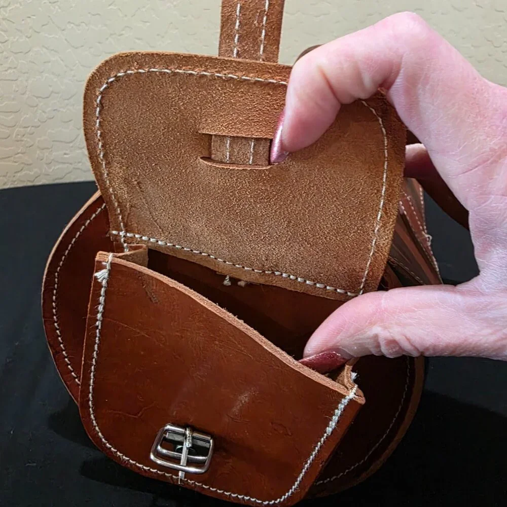 Vintage Handmade Hazelnut Brown Genuine Leather Barrel Purse Crossbody Bag